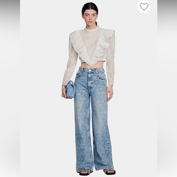 NWT Sandro Cupidon Crystal Heart Embellished Wide-Leg Jeans - Picture 4 of 15